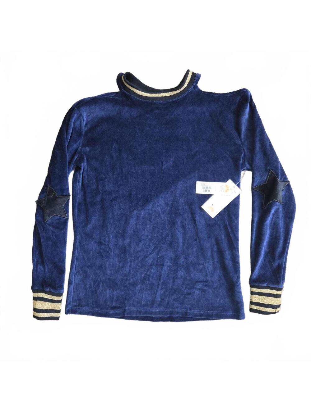 C&C California Small Navy Velvet Long Sleeve Shirt with Striped Cuffs and Star